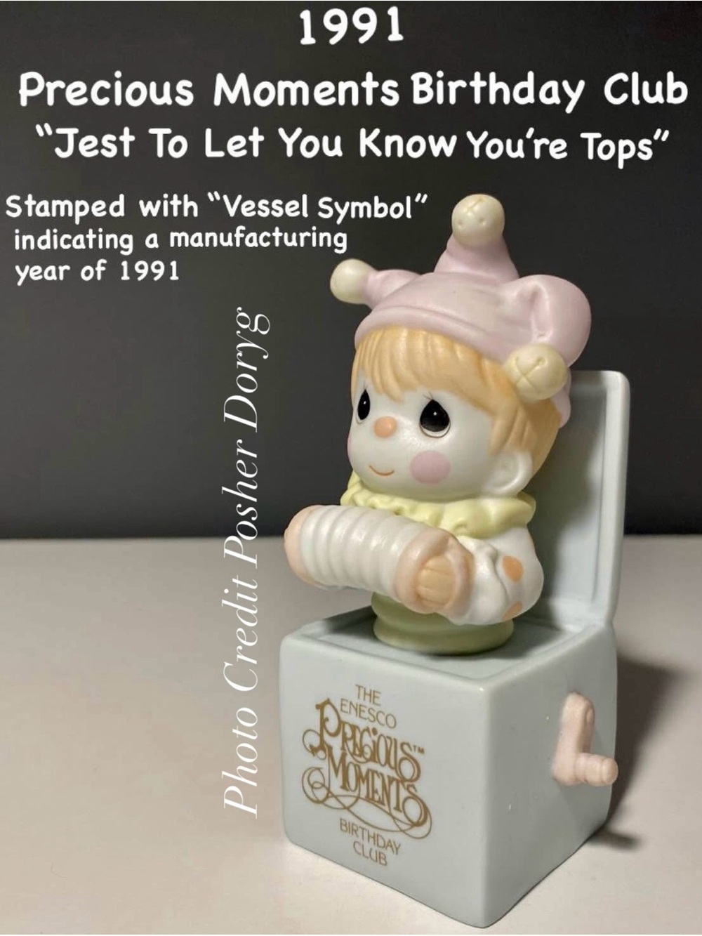 Vintage 1991 Enesco Precious Moments Pastel Pink Clown Jack-in-the-Box Figurine